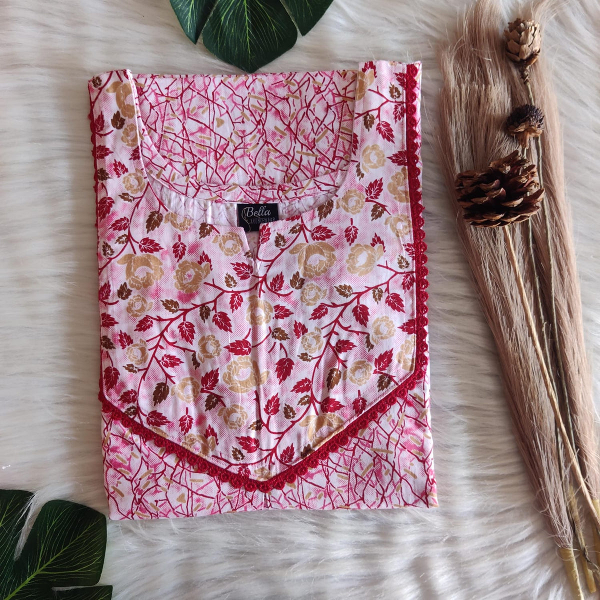 Maroon And Pink Printed Premium Cotton Mix N Match Lace Pocket Nighty | Free Size | Chest Width 44″| Length 56″