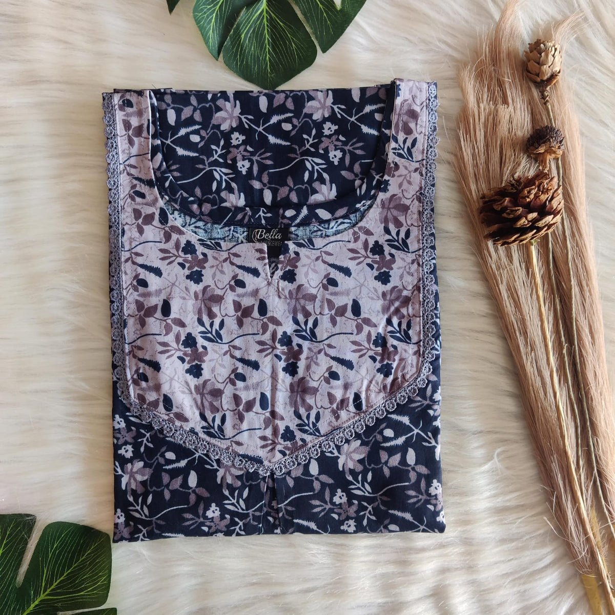 Grey And Navy-Blue Floral Printed Premium Cotton Mix N Match Lace Pocket Nighty | Free Size | Chest Width 44″| Length 56″