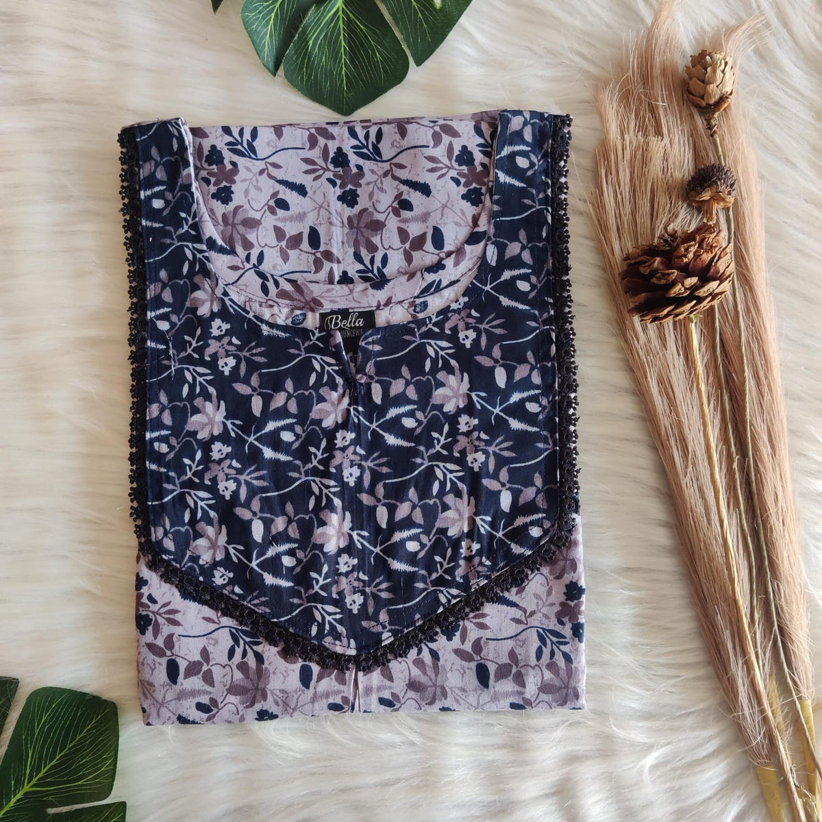 Navy-Blue And Grey Floral Printed Premium Cotton Mix N Match Lace Pocket Nighty | Free Size | Chest Width 44″| Length 56″