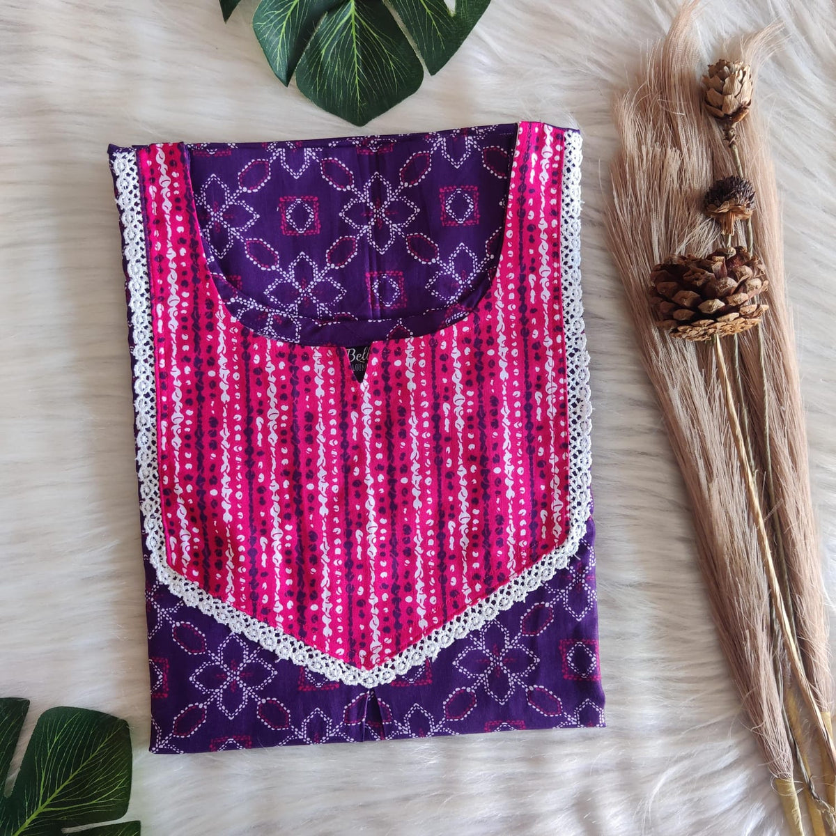 Pink And Purple Printed Premium Cotton Mix N Match Lace Pocket Nighty | Free Size | Chest Width 44″| Length 56″