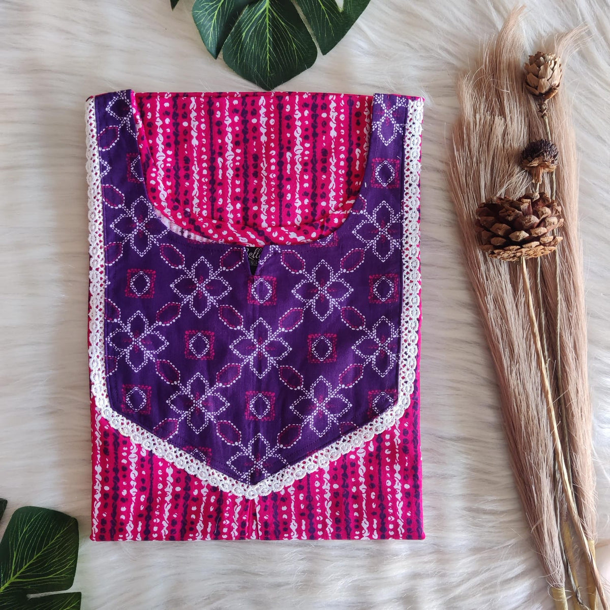 Purple And Pink Printed Premium Cotton Mix N Match Lace Pocket Nighty | Free Size | Chest Width 44″| Length 56″