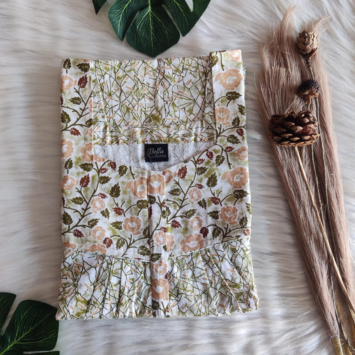 Cream And Green Premium Cotton Square Neck Pleated Nighty | Free Size | Chest Width 44″| Length 55″-56″