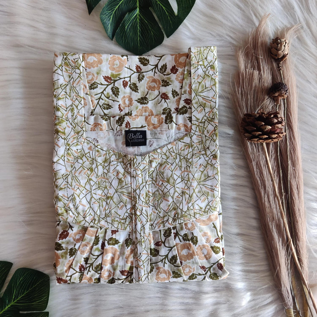 Green And Cream Floral Premium Cotton Square Neck Pleated Nighty | Free Size | Chest Width 44″| Length 55″-56″