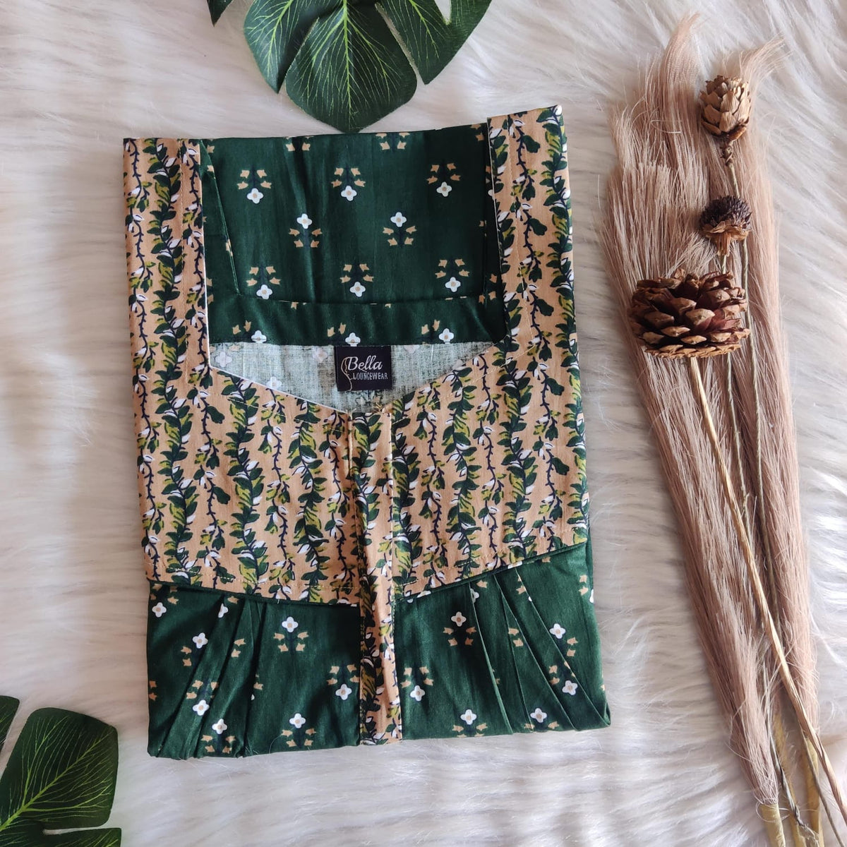 Cream And Green Floral Premium Cotton Square Neck Pleated Nighty | Free Size | Chest Width 44″| Length 55″-56″