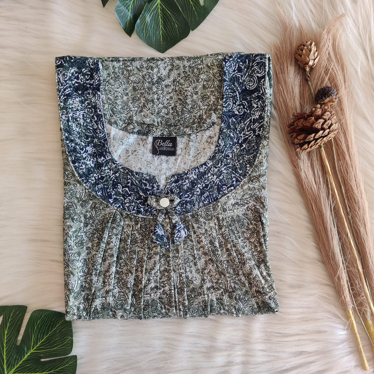 Navy-Blue And Green Printed Premium Cotton No Zip Pleated Nighty | Free Size | Chest Width 44″| Length 55″-56″