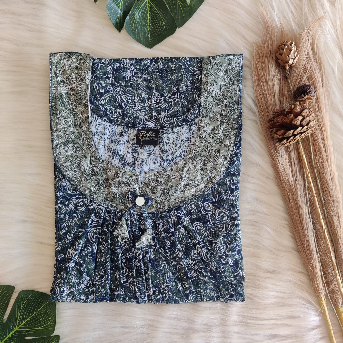 Green And Navy-Blue Printed Premium Cotton No Zip Pleated Nighty | Free Size | Chest Width 44″| Length 55″-56″