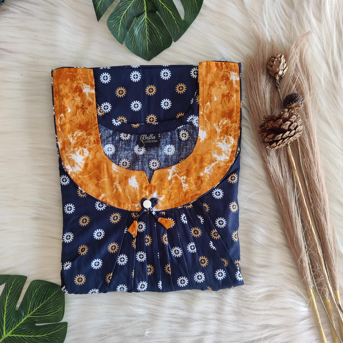 Orange And Navy-Blue Printed Premium Cotton No Zip Pleated Nighty | Free Size | Chest Width 44″| Length 55″-56″
