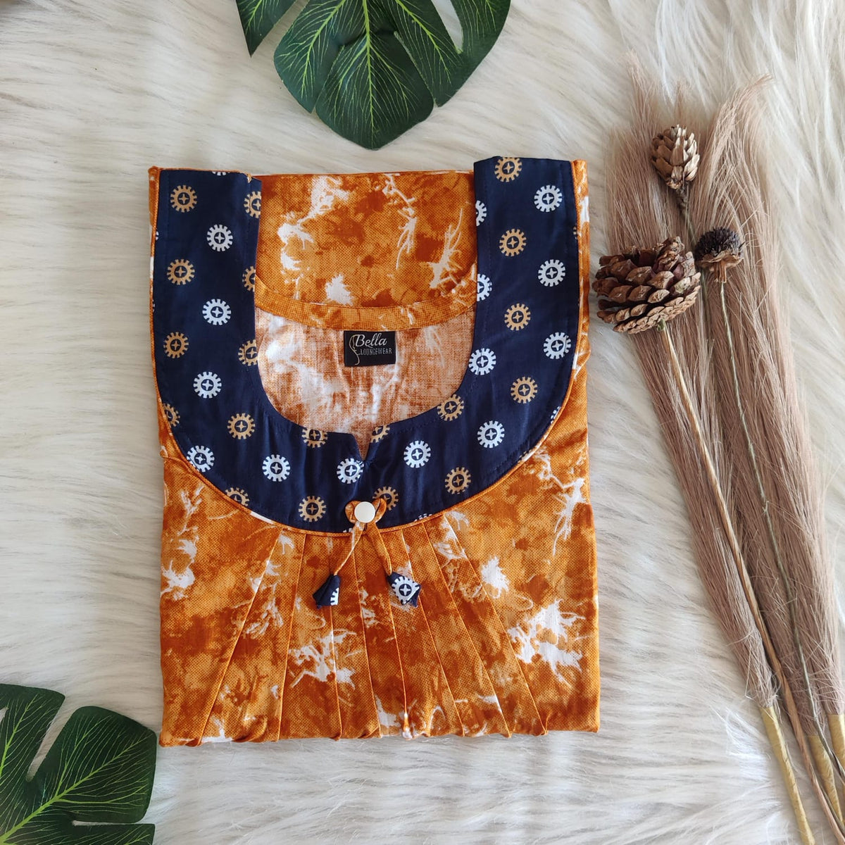 Navy-Blue And Orange Printed Premium Cotton No Zip Pleated Nighty | Free Size | Chest Width 44″| Length 55″-56″