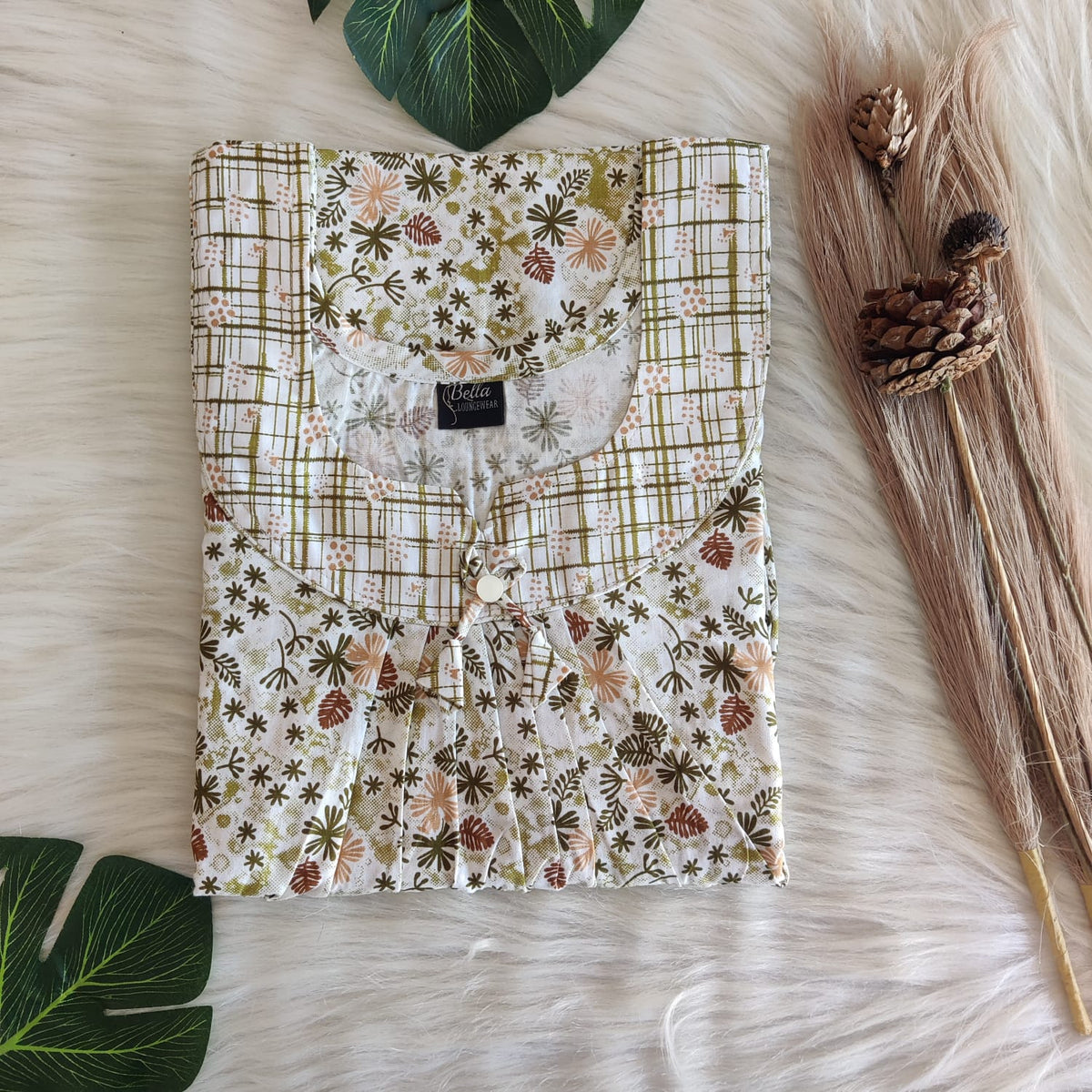 White And Green Floral Printed Premium Cotton No Zip Pleated Nighty | Free Size | Chest Width 44″| Length 55″-56″
