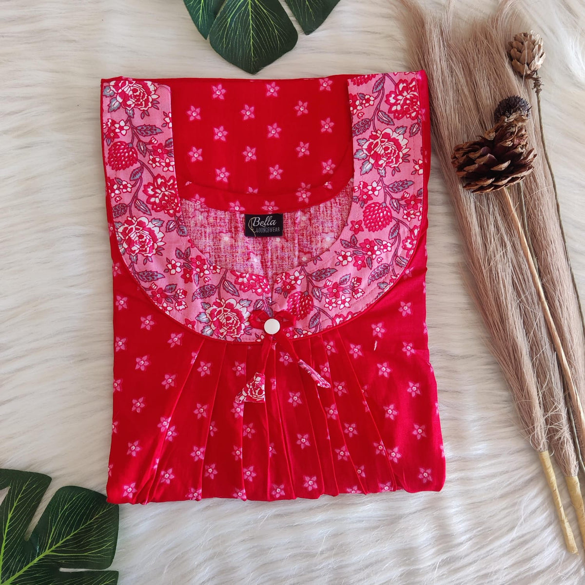 Peach And Red Floral Printed Premium Cotton No Zip Pleated Nighty | Free Size | Chest Width 44″| Length 55″-56″