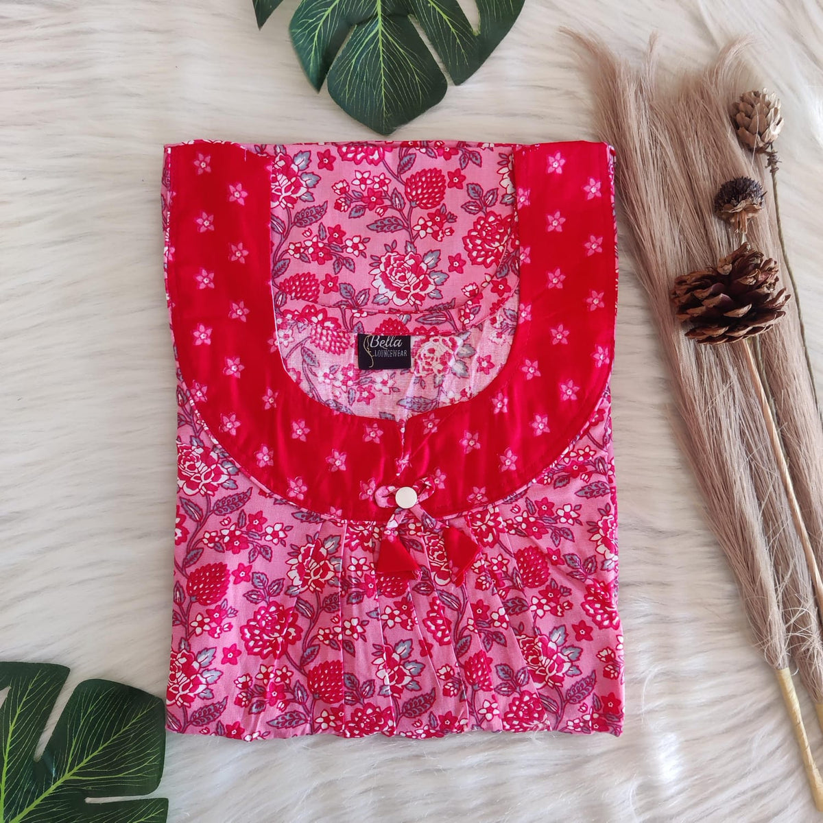Red And Peach Floral Printed Premium Cotton No Zip Pleated Nighty | Free Size | Chest Width 44″| Length 55″-56″