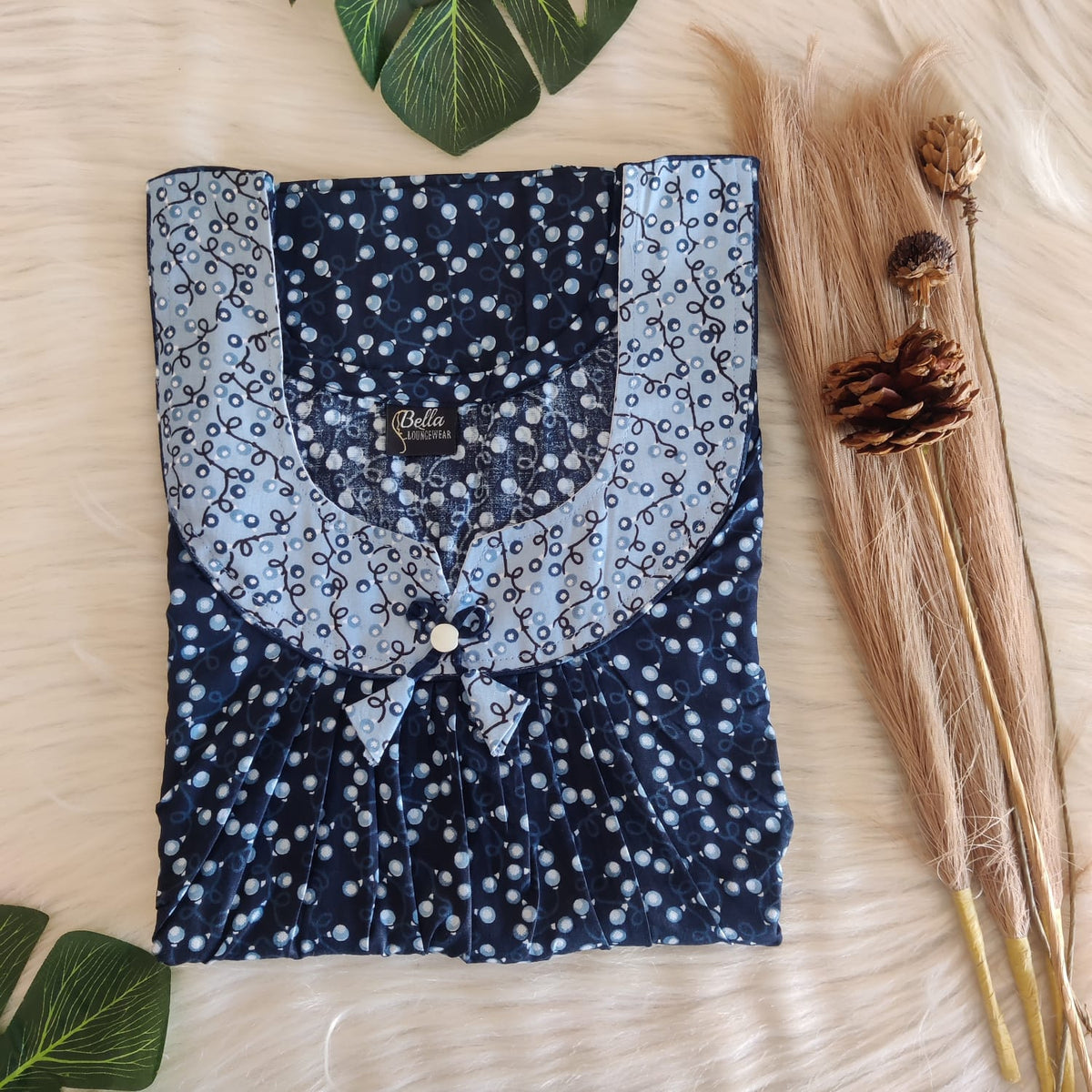 Pale And Dark Blue Printed Premium Cotton No Zip Pleated Nighty | Free Size | Chest Width 44″| Length 55″-56″