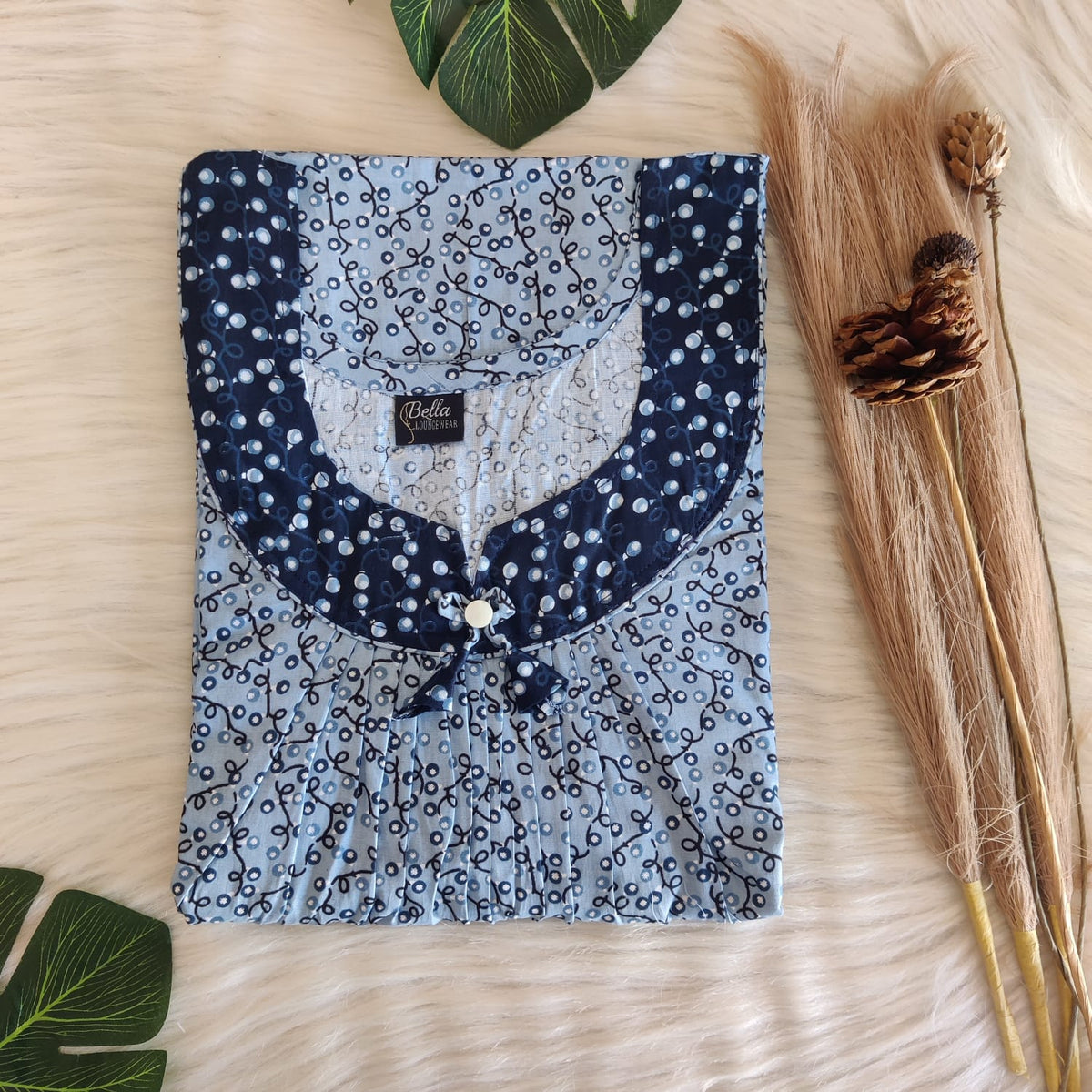 Dark And Pale Blue Printed Premium Cotton No Zip Pleated Nighty | Free Size | Chest Width 44″| Length 55″-56″