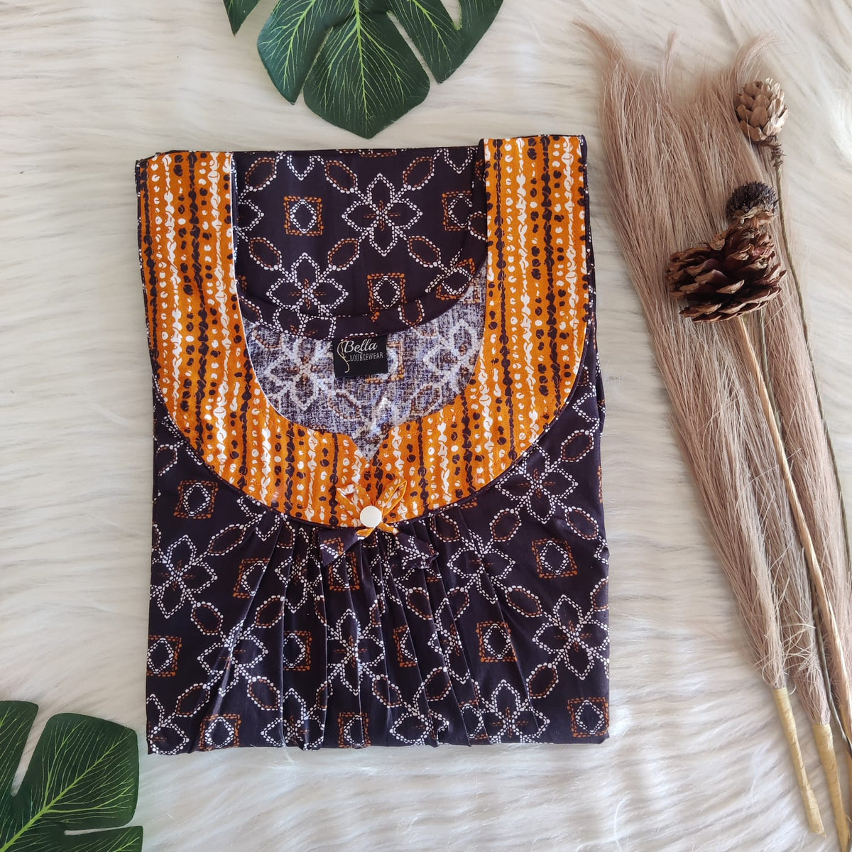 Orange And Coffee Brown Printed Premium Cotton No Zip Pleated Nighty | Free Size | Chest Width 44″| Length 55″-56″