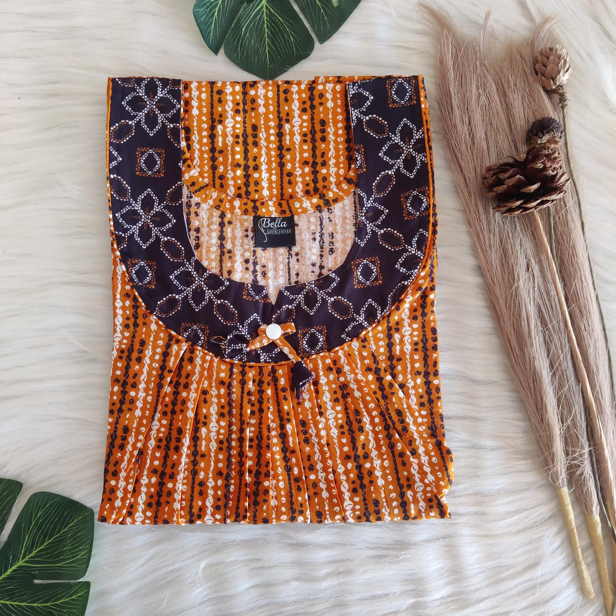 Coffee Brown And Orange Stripes Printed Premium Cotton No Zip Pleated Nighty | Free Size | Chest Width 44″| Length 55″-56″