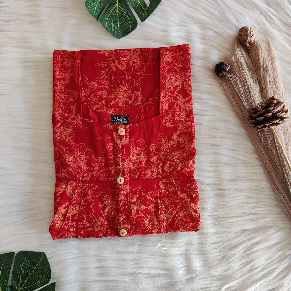 Cream Floral Printed Maroon Discharge Cotton Button Zip Nighty | Free Size | Chest Width 44″| Length 55″-56″