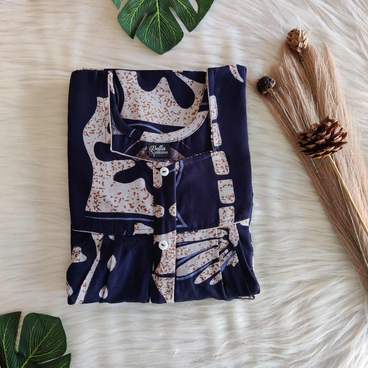 Navy-Blue Printed Alpine Button Zip Nighty | Free Size | Chest Width 44″| Length 55″-56″