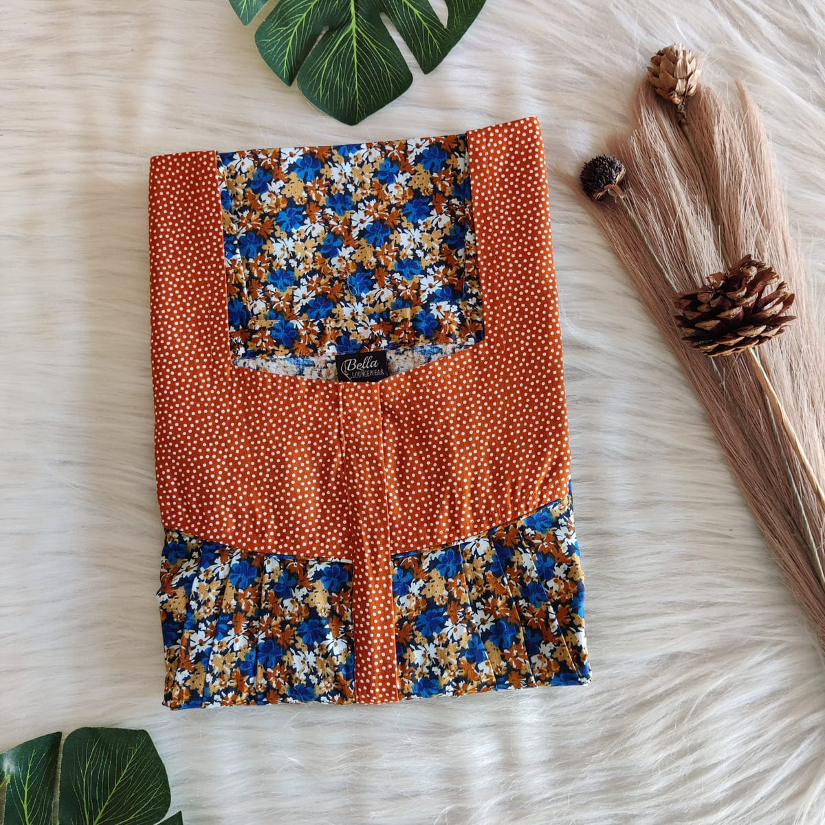 Brown And Blue Floral Premium Cotton Square Neck Pleated Nighty | Free Size | Chest Width 44″| Length 55″-56″
