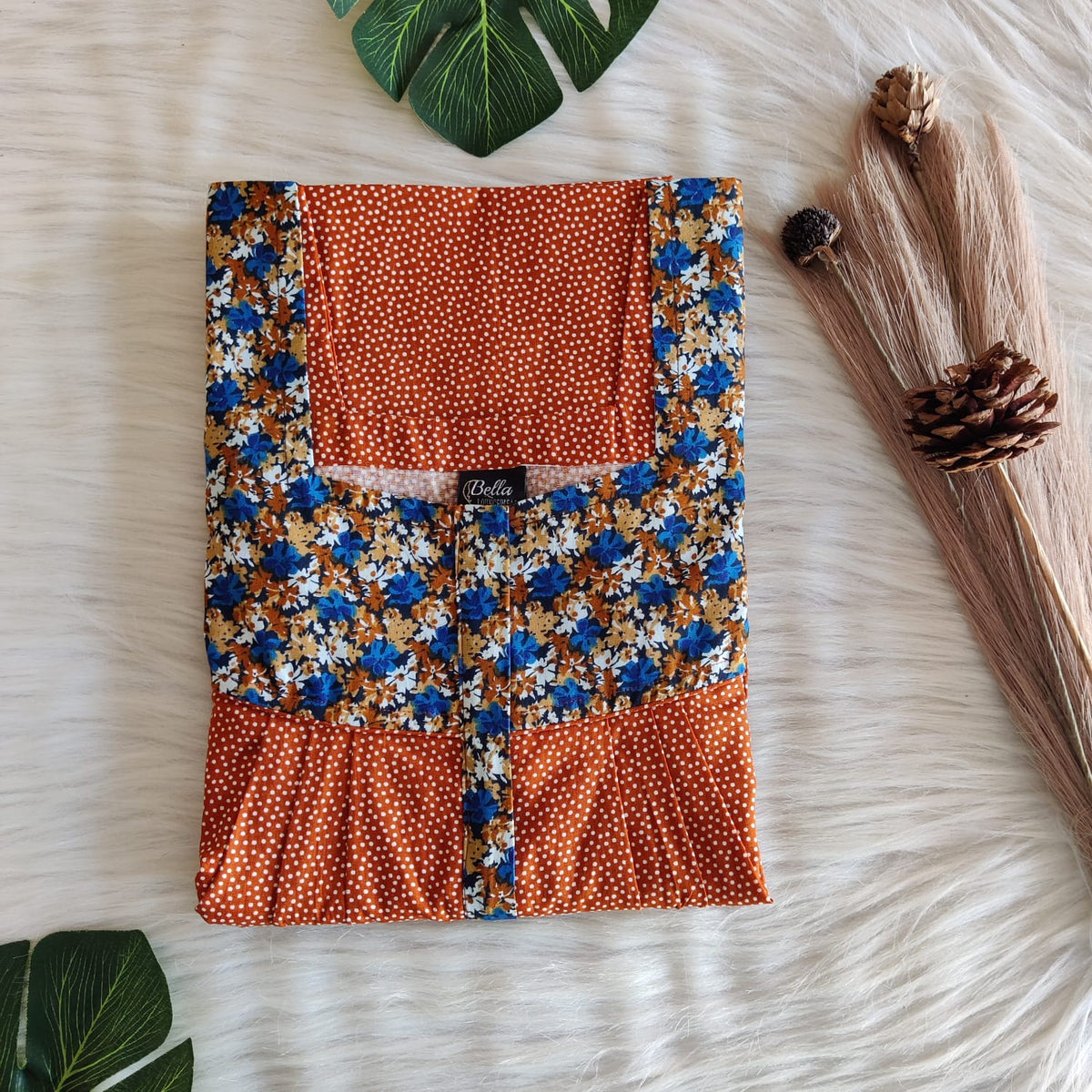 Blue And Brown Dot Premium Cotton Square Neck Pleated Nighty | Free Size | Chest Width 44″| Length 55″-56″