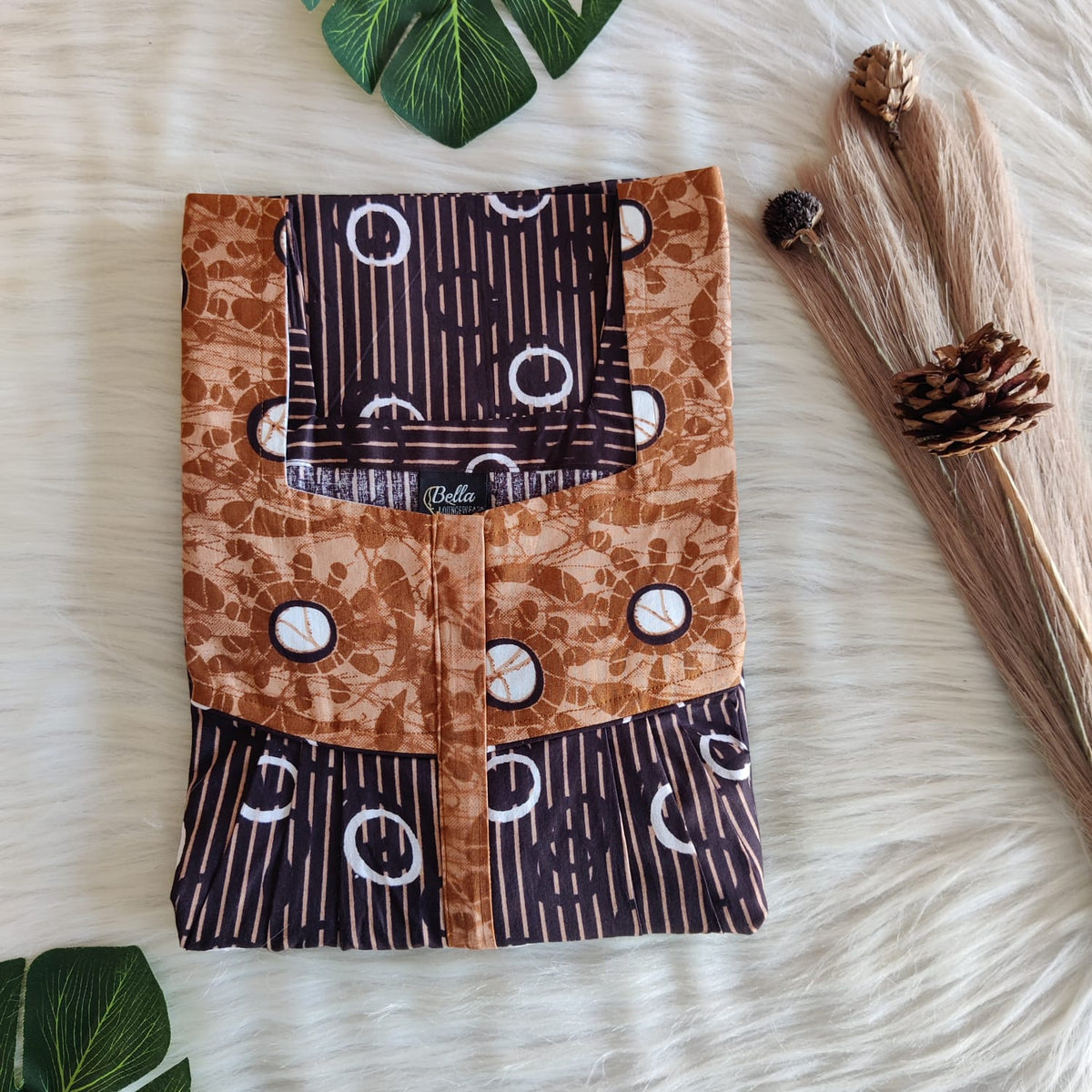 Pale And Dark Brown Premium Cotton Square Neck Pleated Nighty | Free Size | Chest Width 44″| Length 55″-56″