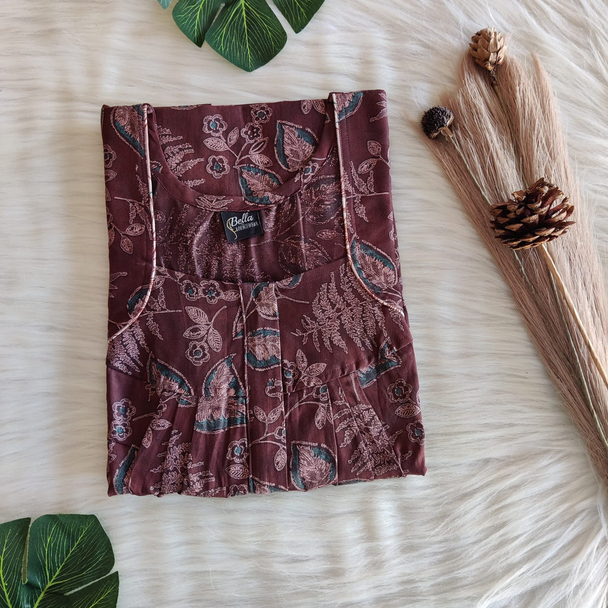 Brown Leaf Printed Discharge Cotton Pleated Zip Nighty | Chest Width 44″ | Length 54″-55″