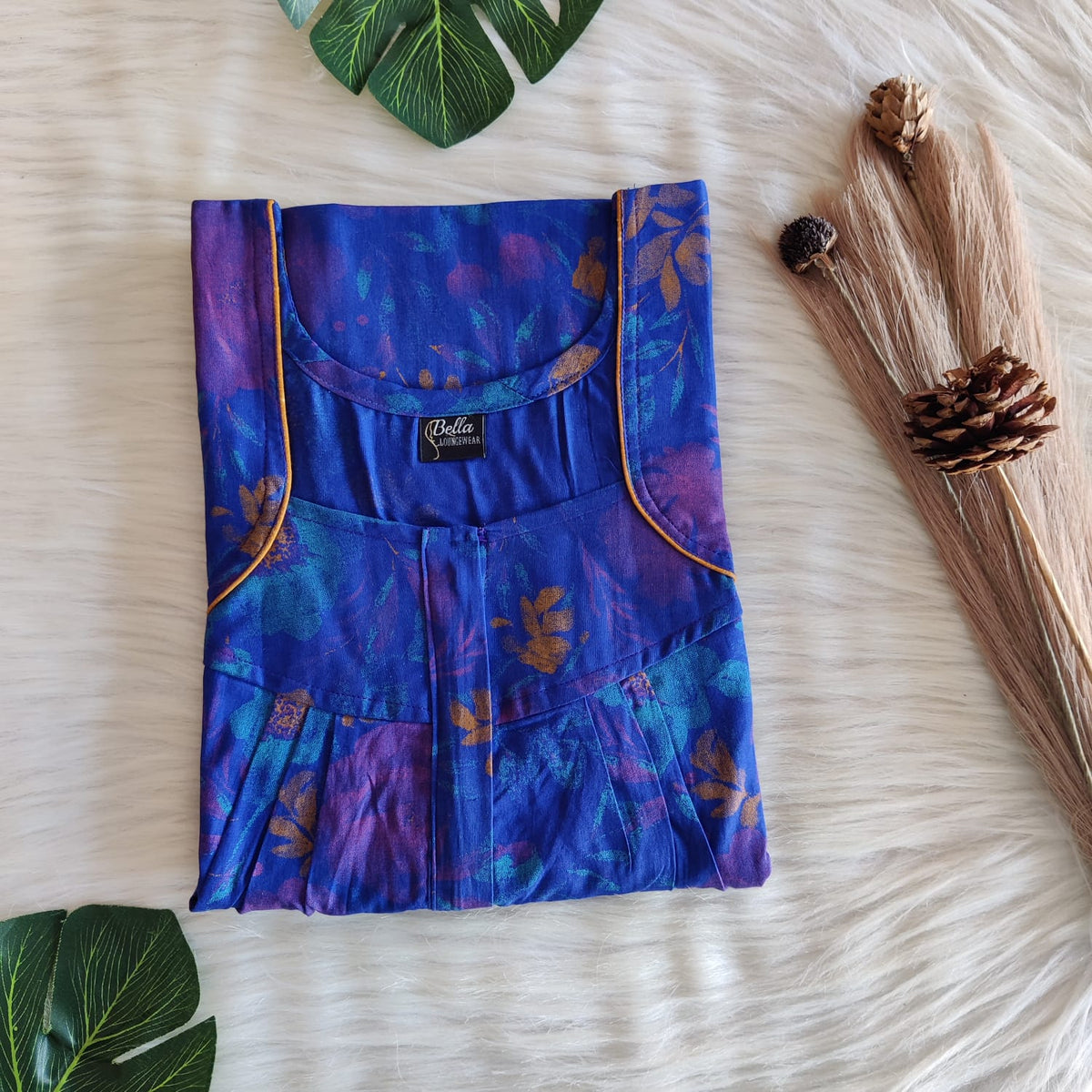 Royal Blue Printed Discharge Cotton Pleated Zip Nighty | Chest Width 44″ | Length 54″-55″