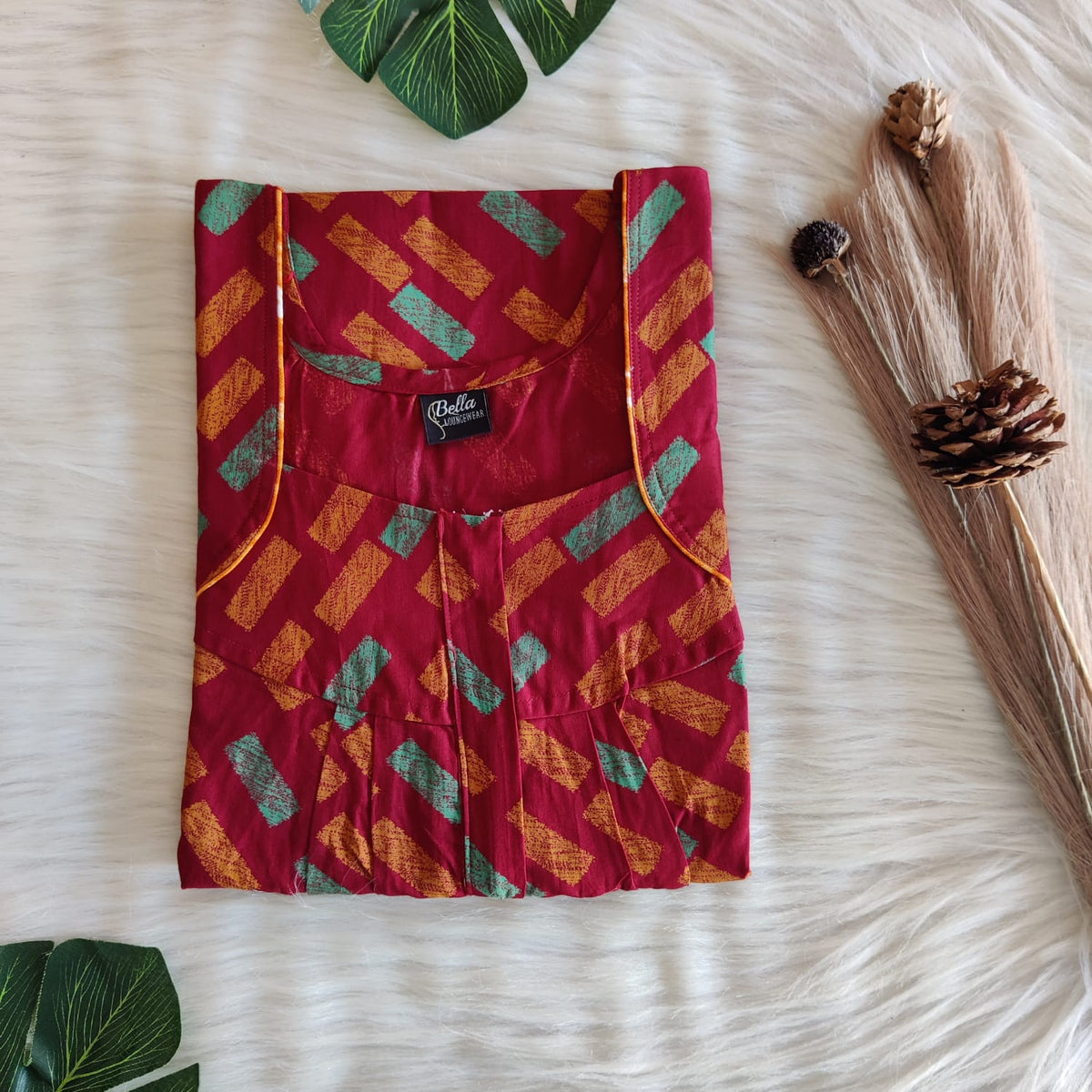 Maroon Printed Discharge Cotton Pleated Zip Nighty | Chest Width 44″ | Length 54″-55″