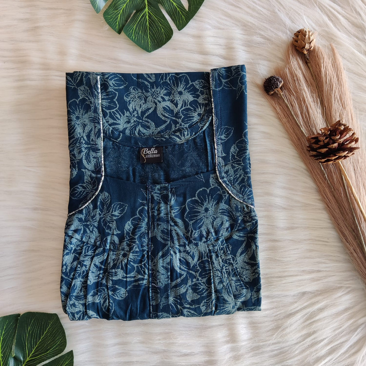 Teal Blue Floral Printed Discharge Cotton Pleated Zip Nighty | Chest Width 44″ | Length 54″-55″