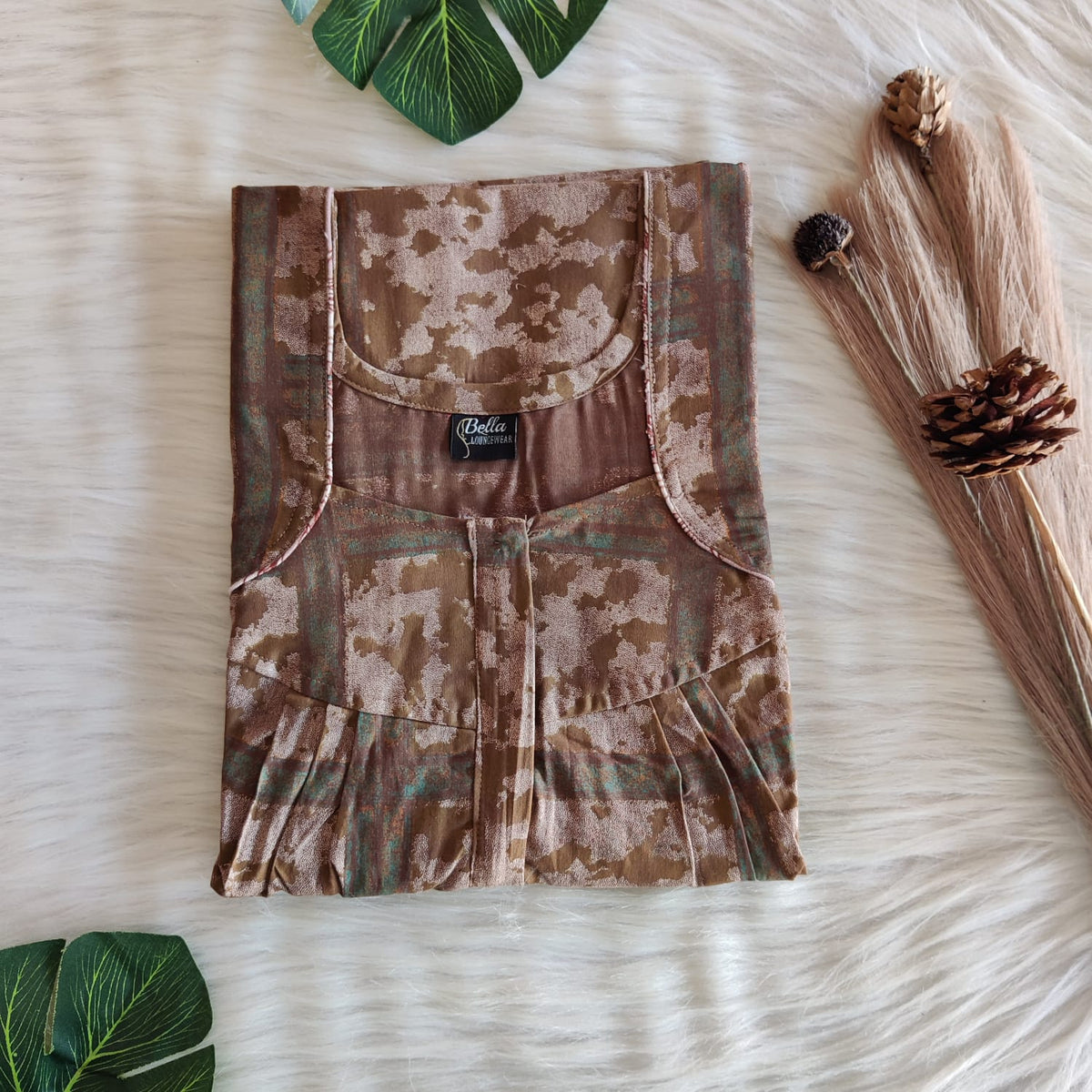 Brown Check Printed Discharge Cotton Pleated Zip Nighty | Chest Width 44″ | Length 54″-55″