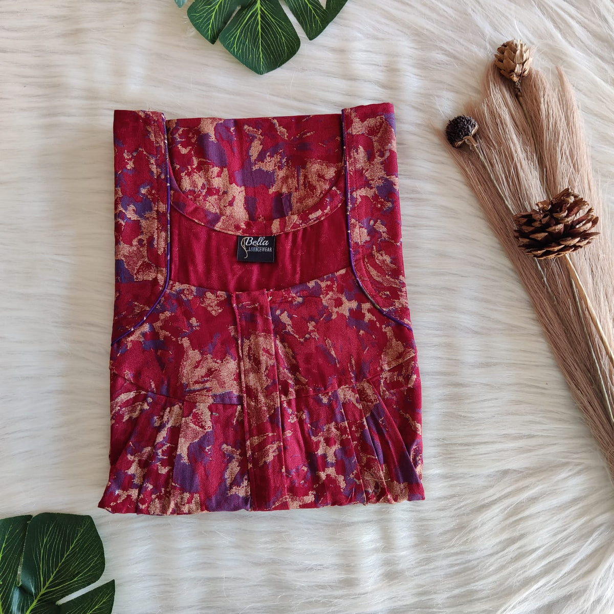 Maroon And Cream Printed Discharge Cotton Pleated Zip Nighty | Chest Width 44″ | Length 54″-55″