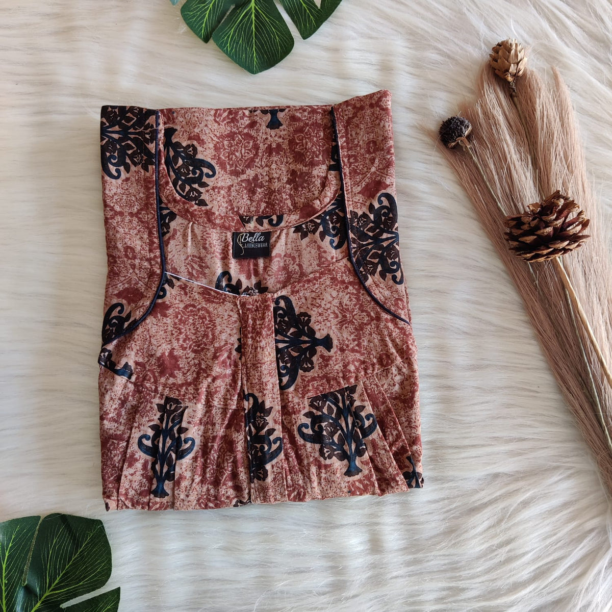Brown Printed Premium Cotton Pleated Zip Nighty | Chest Width 44″ | Length 54″-55″