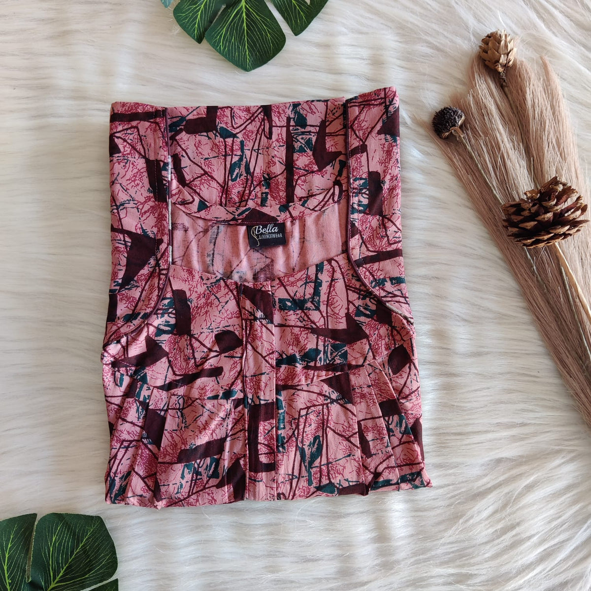 Pastel Pink Printed Premium Cotton Pleated Zip Nighty | Chest Width 44″ | Length 54″-55″