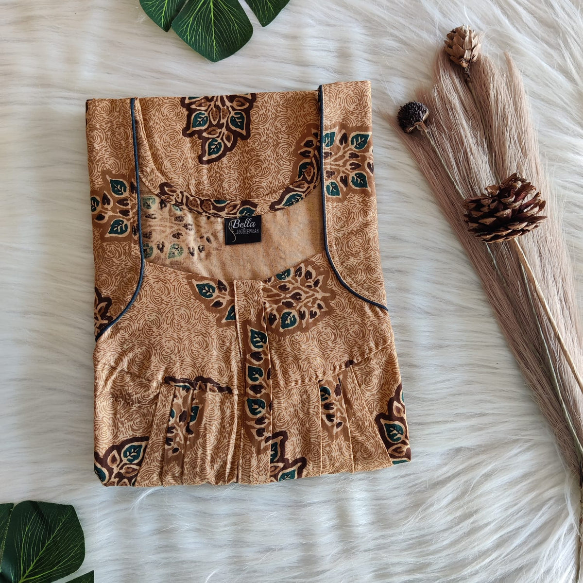 Brown Leaf Printed Premium Cotton Pleated Zip Nighty | Chest Width 44″ | Length 54″-55″