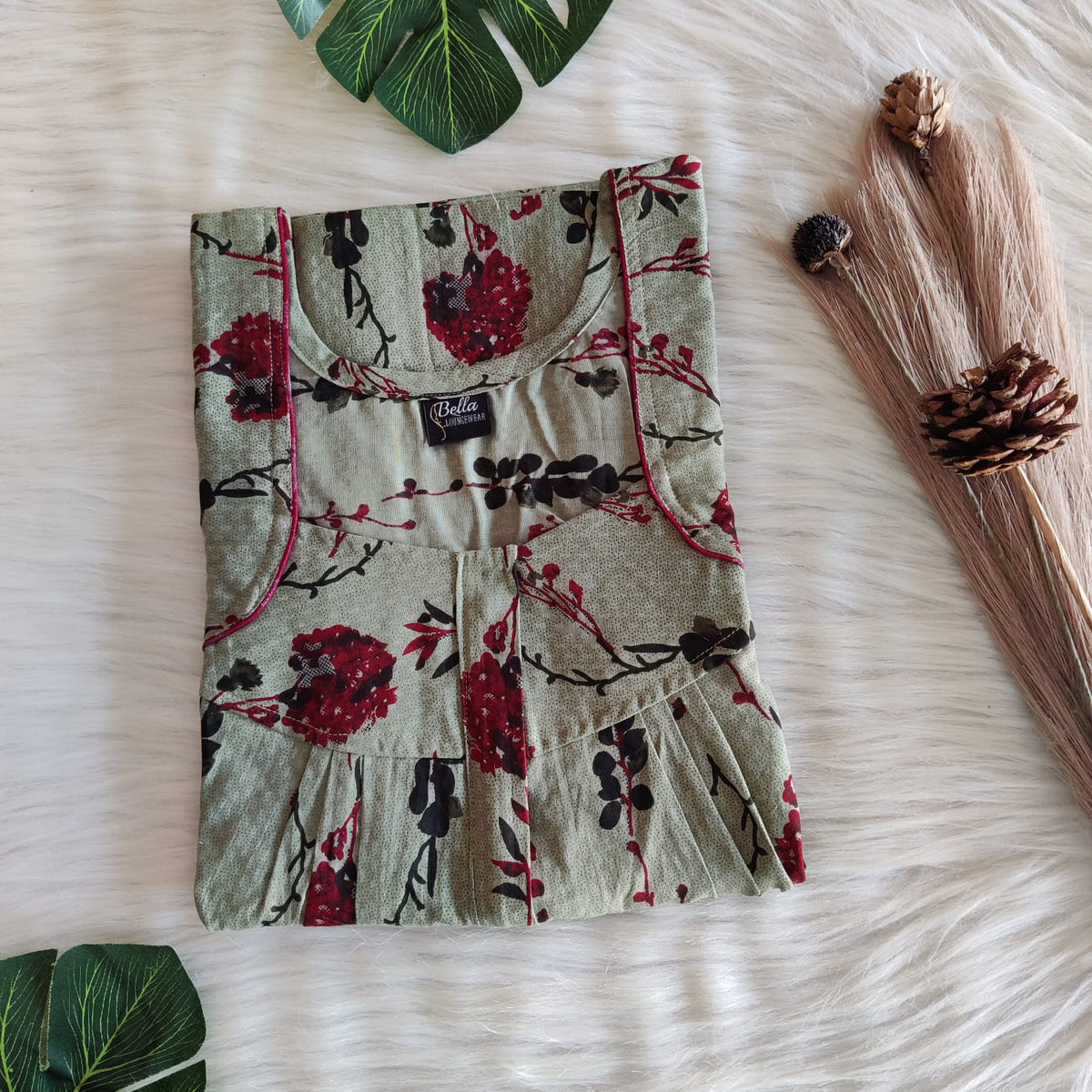 Pastel Green Floral Printed Premium Cotton Pleated Zip Nighty | Chest Width 44″ | Length 54″-55″