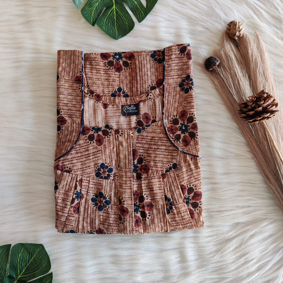 Brown Printed Premium Cotton Pleated Zip Nighty | Chest Width 44″ | Length 54″-55″