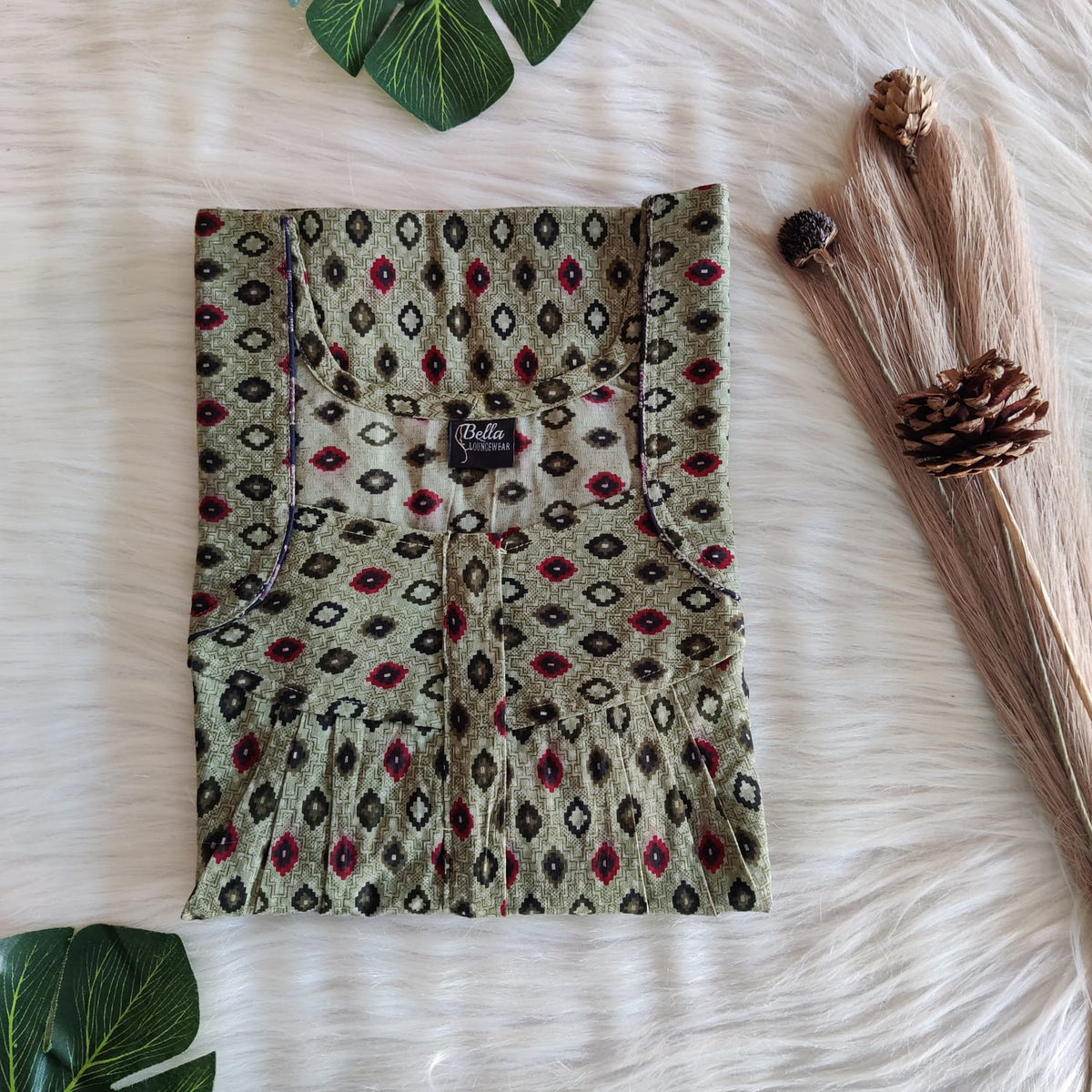 Pastel Green Ikat Printed Premium Cotton Pleated Zip Nighty | Chest Width 44″ | Length 54″-55″