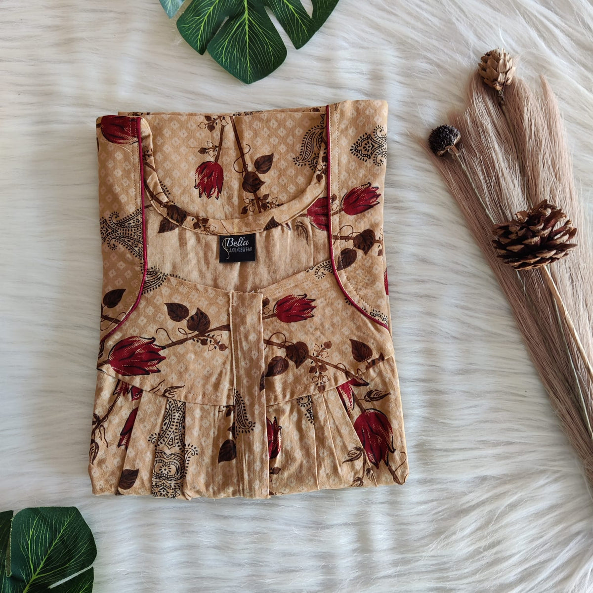Maroon Floral Printed Brown Premium Cotton Pleated Zip Nighty | Chest Width 44″ | Length 54″-55″