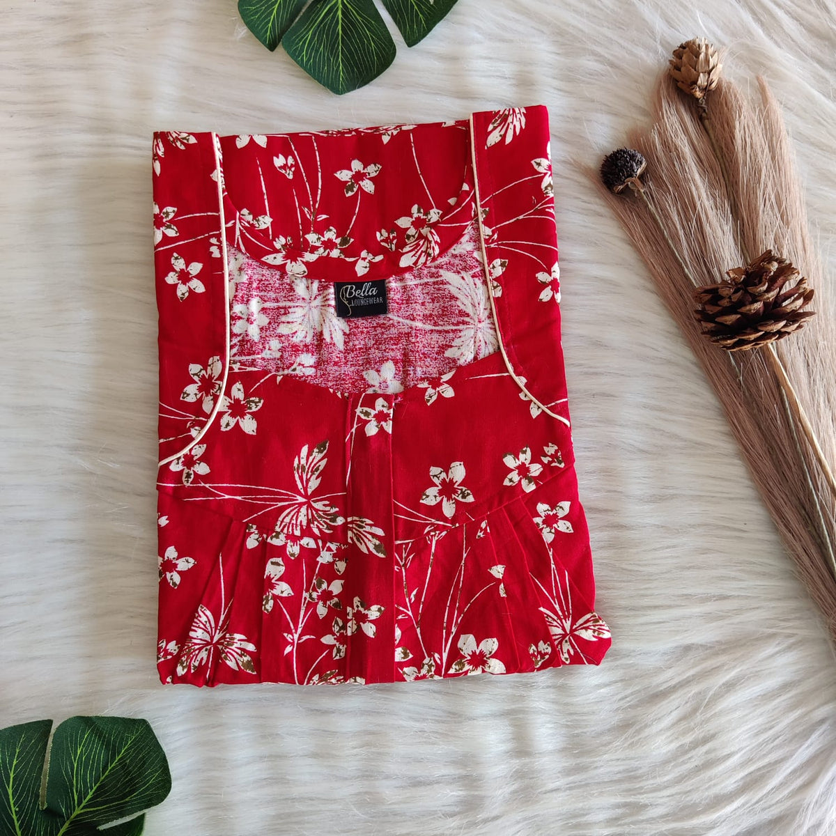 Red Floral Printed Gujari Cotton Pleated Zip Nighty | Chest Width 44″ | Length 54″-55″