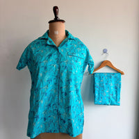 Aqua Blue Printed Pure Cotton Shirt Pyjama Set | Free Size