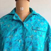 Aqua Blue Printed Pure Cotton Shirt Pyjama Set | Free Size