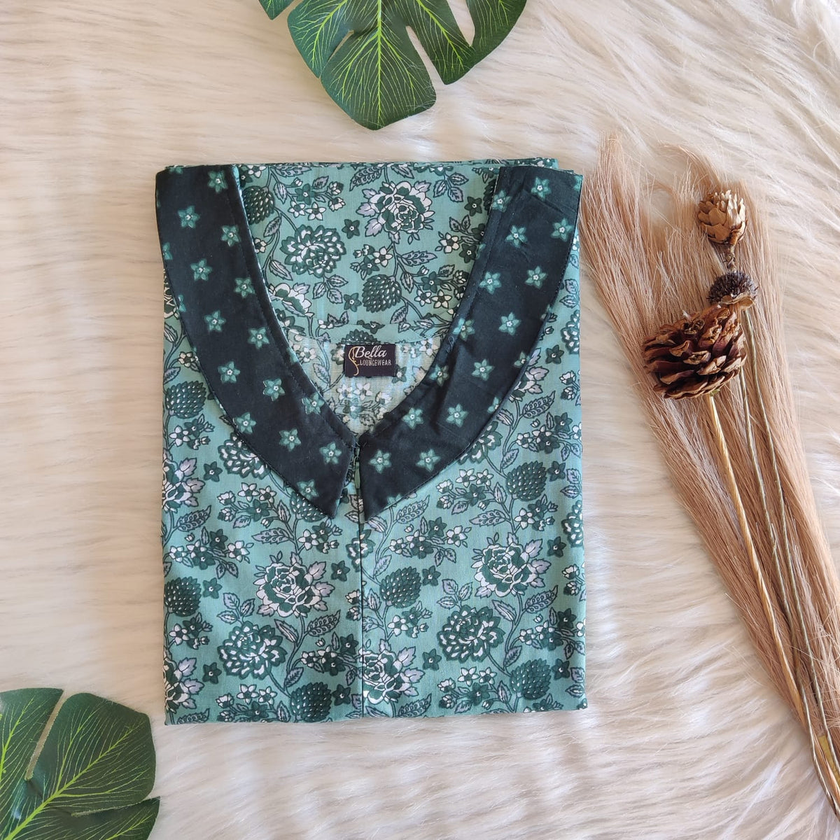 Dark And Pale Green Printed Premium Cotton Peter Pan Collar Long Zip Feeding Nighty | Free Size | Chest Width 44″| Length 56″