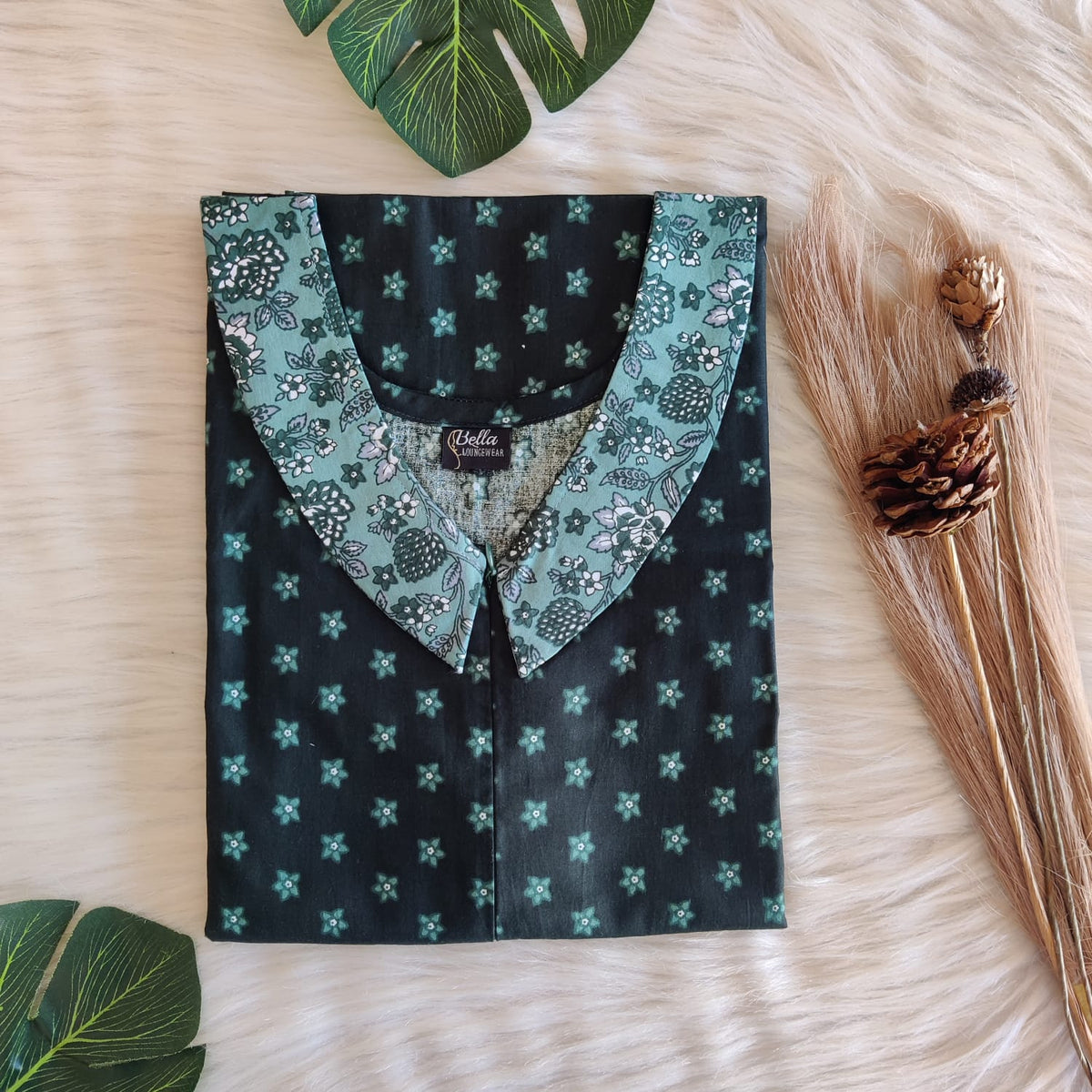 Pale And Dark Green Printed Premium Cotton Peter Pan Collar Long Zip Feeding Nighty | Free Size | Chest Width 44″| Length 56″