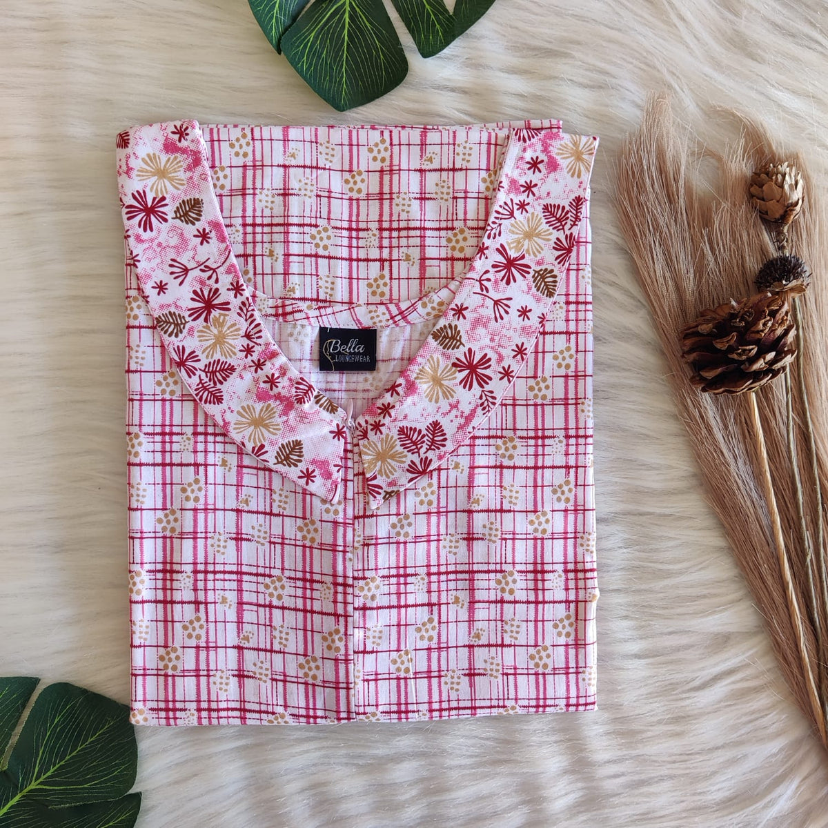 White And Pink Stripes Printed Premium Cotton Peter Pan Collar Long Zip Feeding Nighty | Free Size | Chest Width 44″| Length 56″