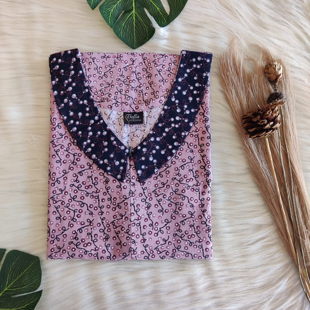 Navy-Blue And Mauve Printed Premium Cotton Peter Pan Collar Long Zip Feeding Nighty | Free Size | Chest Width 44″| Length 56″