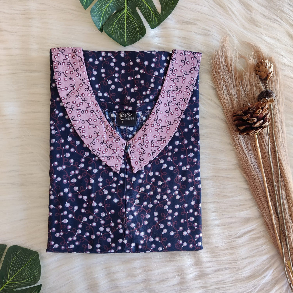 Mauve And Navy-Blue Printed Premium Cotton Peter Pan Collar Long Zip Feeding Nighty | Free Size | Chest Width 44″| Length 56″