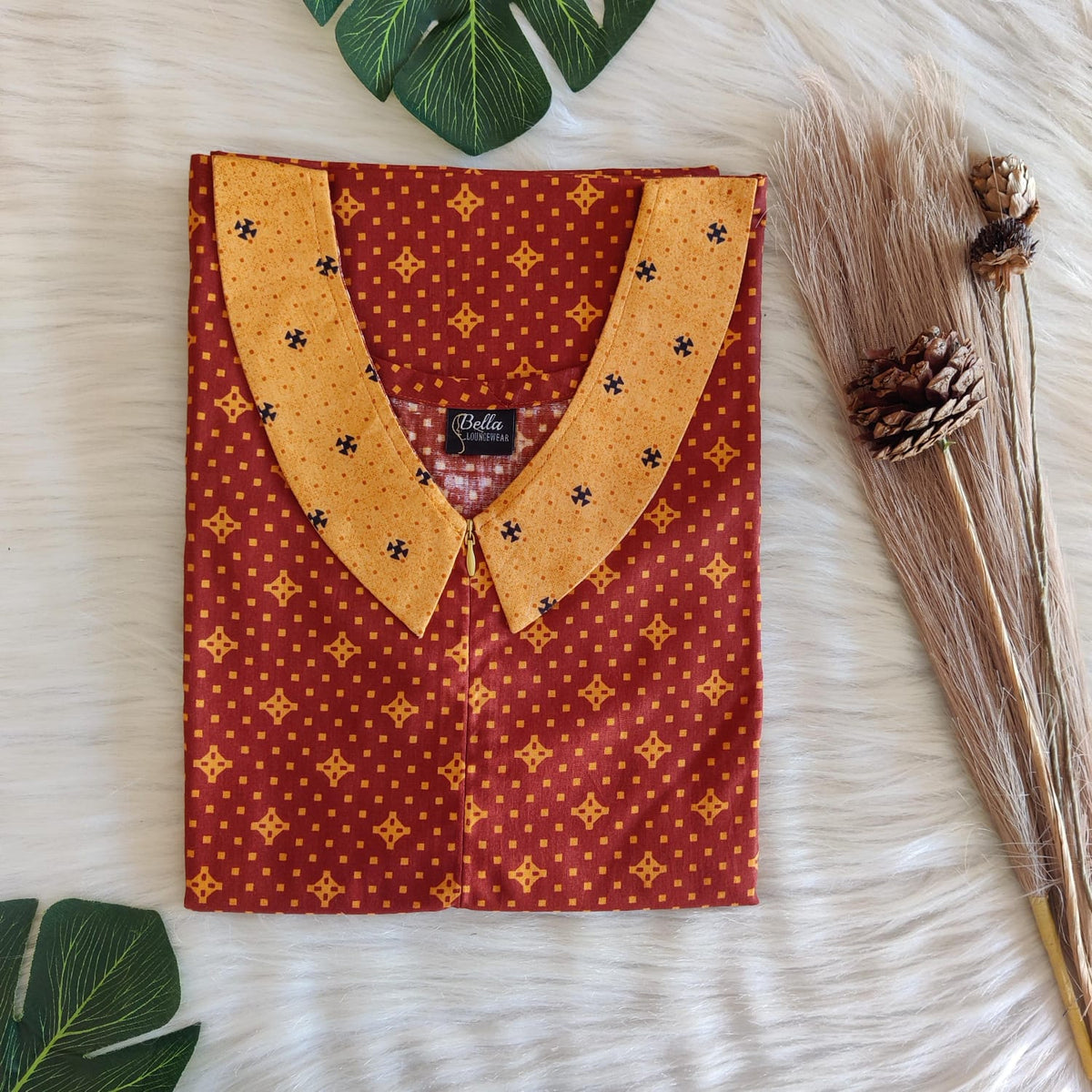 Orange And Brown Printed Premium Cotton Peter Pan Collar Long Zip Feeding Nighty | Free Size | Chest Width 44″| Length 56″