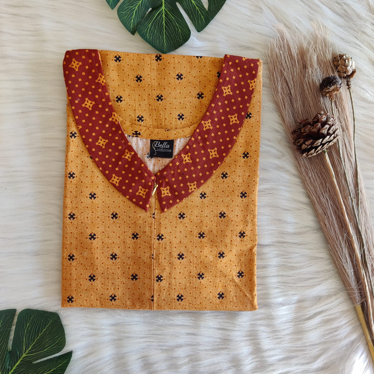 Brown And Orange Printed Premium Cotton Peter Pan Collar Long Zip Feeding Nighty | Free Size | Chest Width 44″| Length 56″