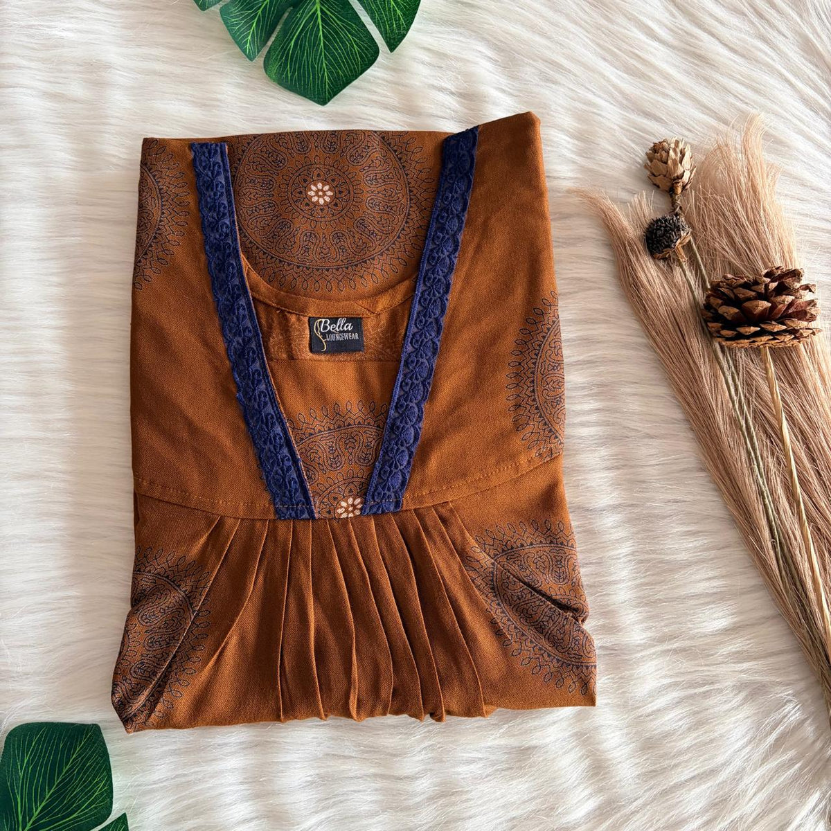 Brown And Blue Printed Alfine V-Neck Lace Pleated Nighty | No Zip | Free Size | Chest Width 44″| Length 56″