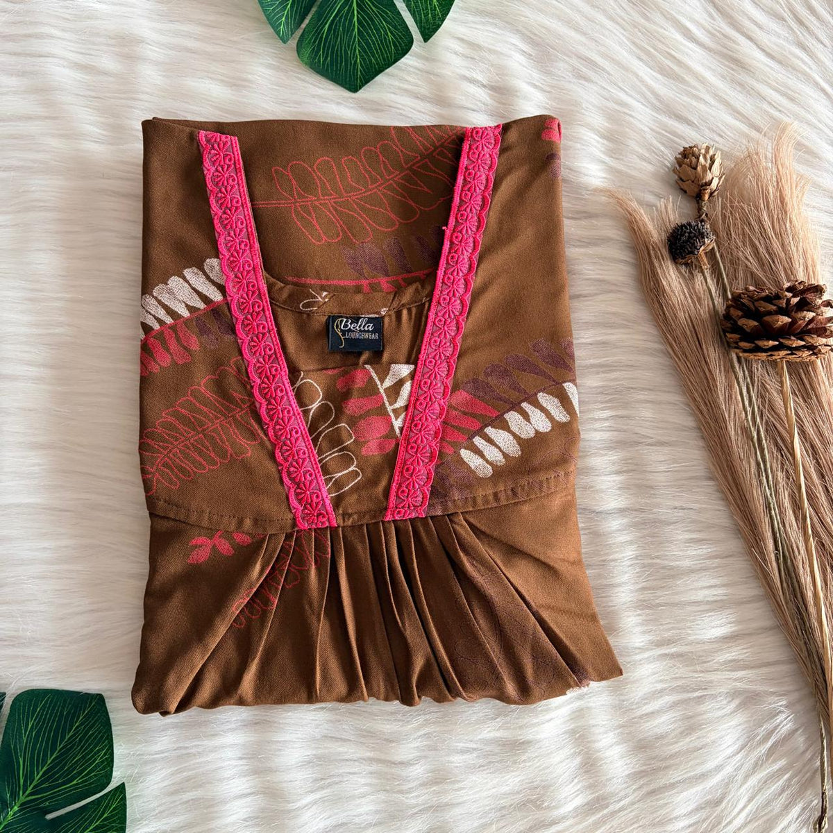 Peach And Brown Printed Alfine V-Neck Lace Pleated Nighty | No Zip | Free Size | Chest Width 44″| Length 56″