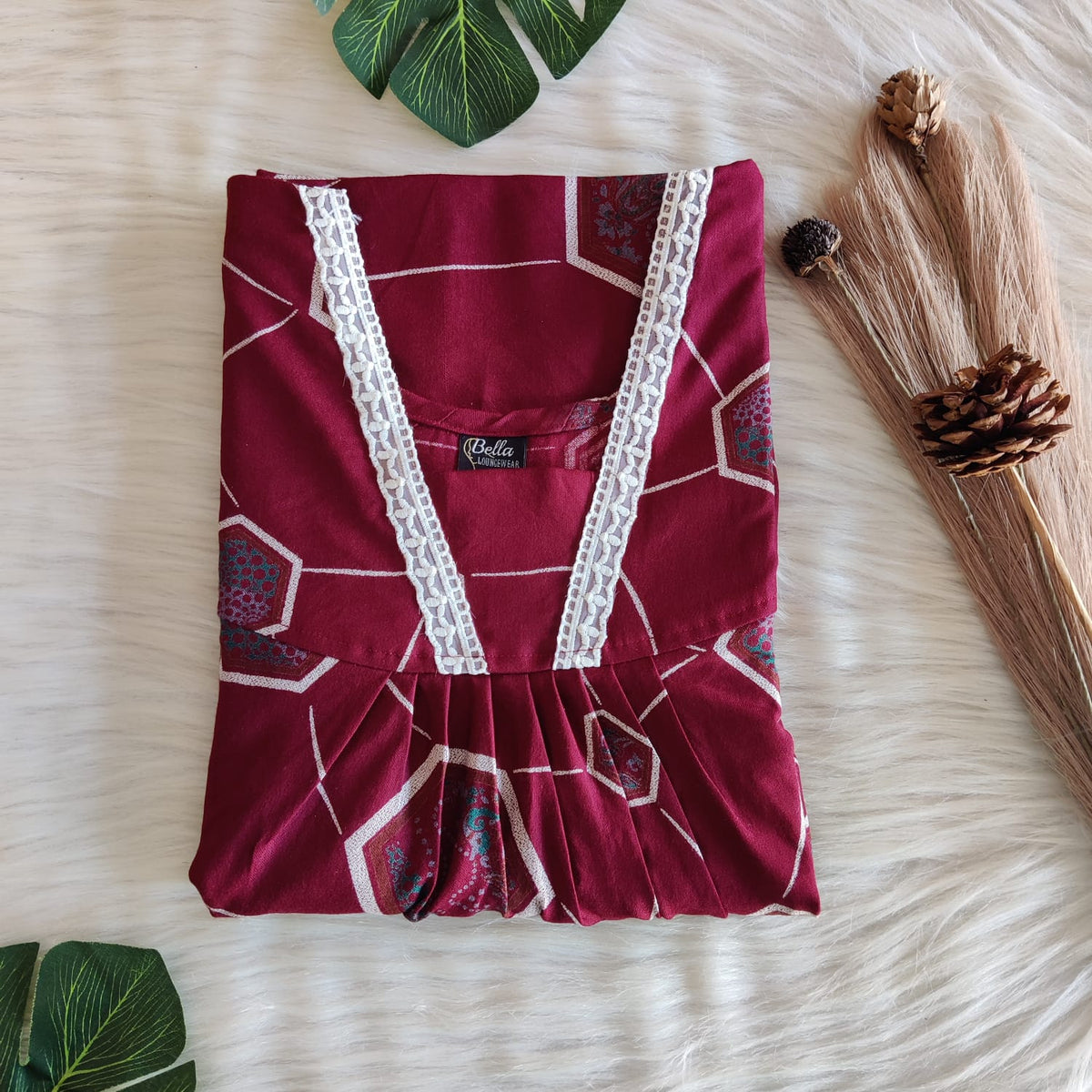 Maroon Printed Alfine 60 Inch Length V-Neck Lace Pleated Nighty | No Zip | Free Size | Chest Width 44″| Length 60″